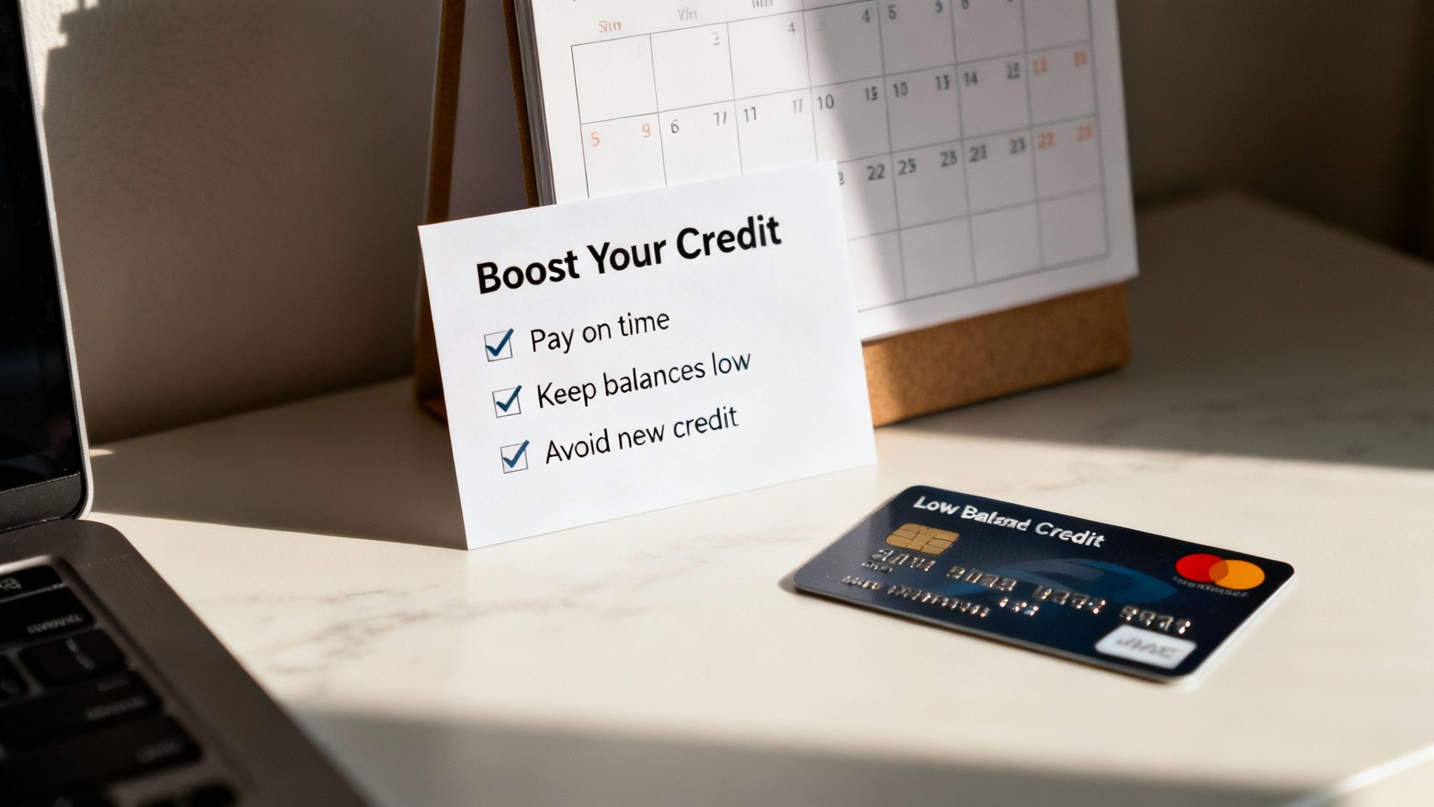 A credit score improvement checklist, a calendar, and a credit card on a desk.
