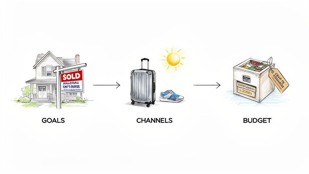 An illustration depicting the journey from setting goals, exploring various channels, to managing a budget.