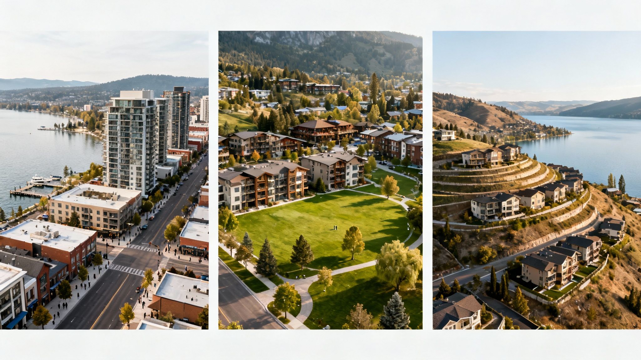 Three aerial views: a city by a lake, a residential complex with a park, and homes on terraced hillsides overlooking water.