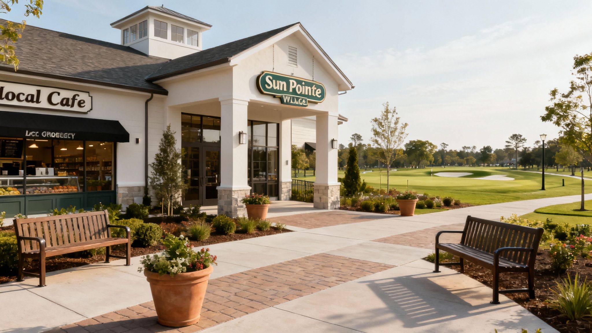 A welcoming clubhouse at Sun Pointe Village with beautiful landscaping.