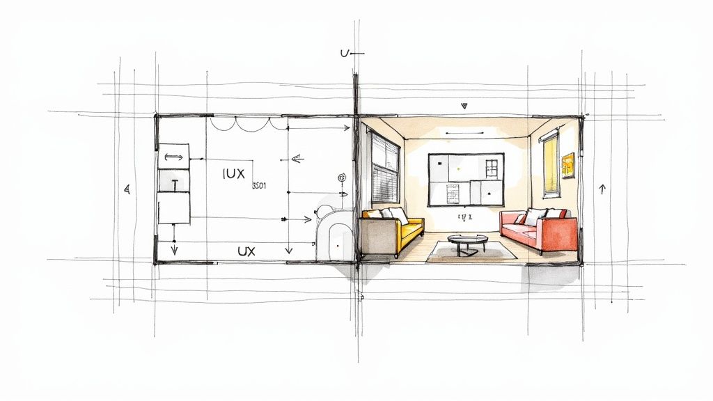 Architectural sketch showing a floor plan with UX annotations and a modern living room perspective.