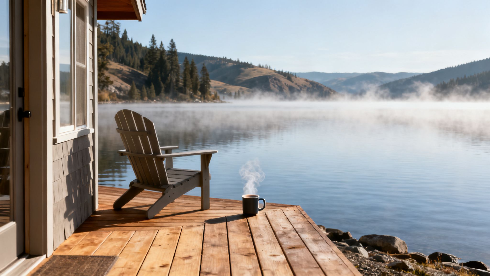 Waterfront deck with an Adirondack chair and steaming coffee overlooks a misty lake.