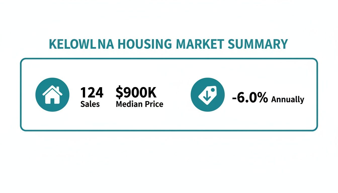 Kelowna housing market summary displaying 124 sales, a $900K median price, and a -6.0% annual change.