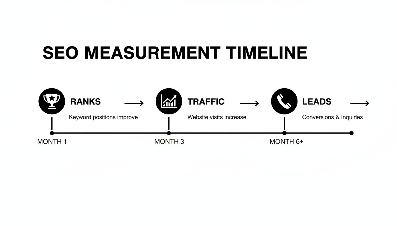 An SEO measurement timeline showing the progression from ranks to traffic and leads over months.