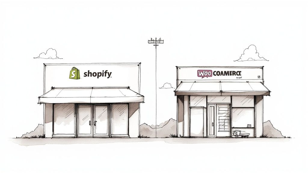 Shopify and WooCommerce storefronts depicted side-by-side in an illustrative drawing.