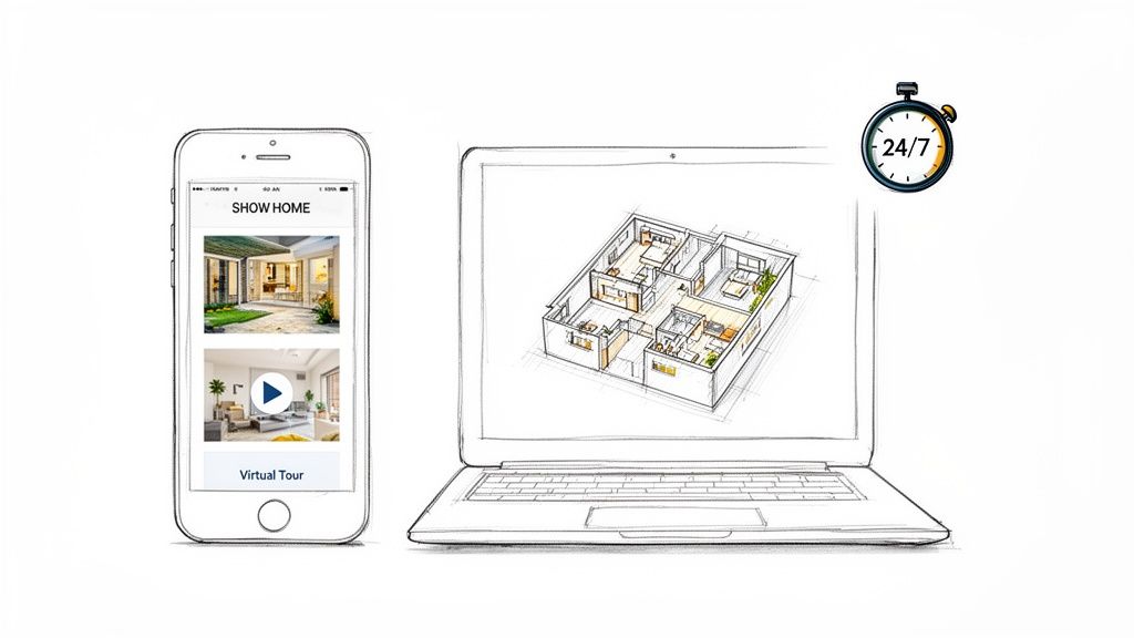 A smartphone with a real estate app showing home images and virtual tour button, next to a laptop displaying a floor plan, indicating 24/7 availability.