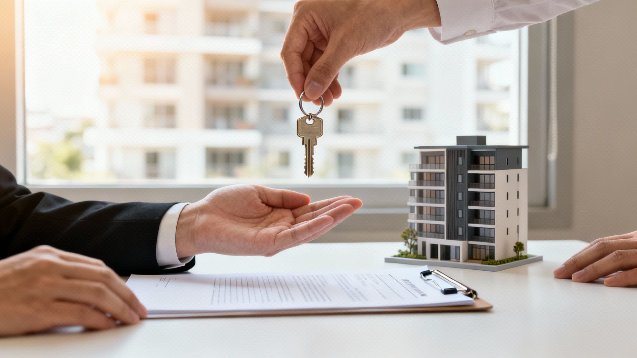 A real estate agent hands house keys to a client over a signed contract, with a building model on the desk.