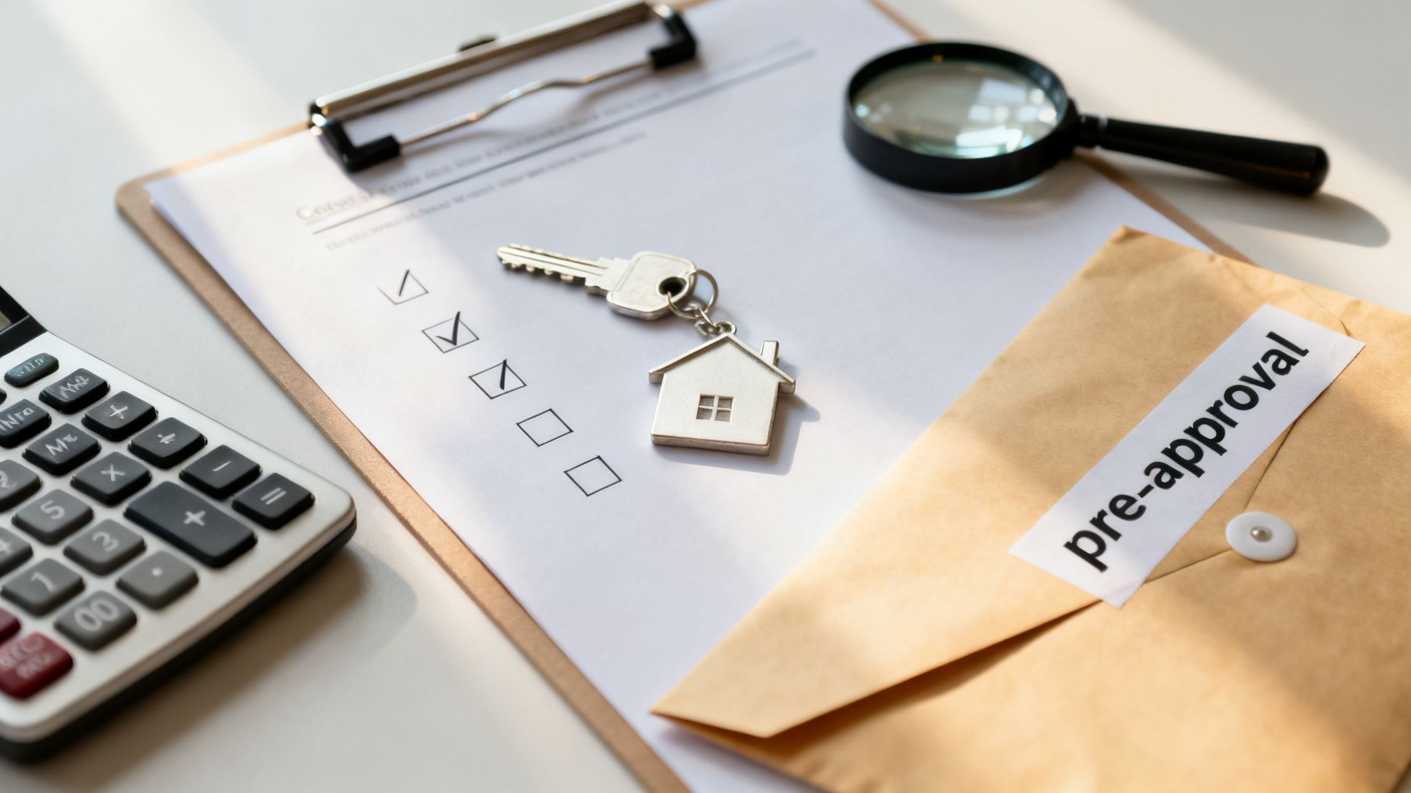 Overhead view of home buying essentials: calculator, pre-approval letter, checklist, house key, and magnifying glass.