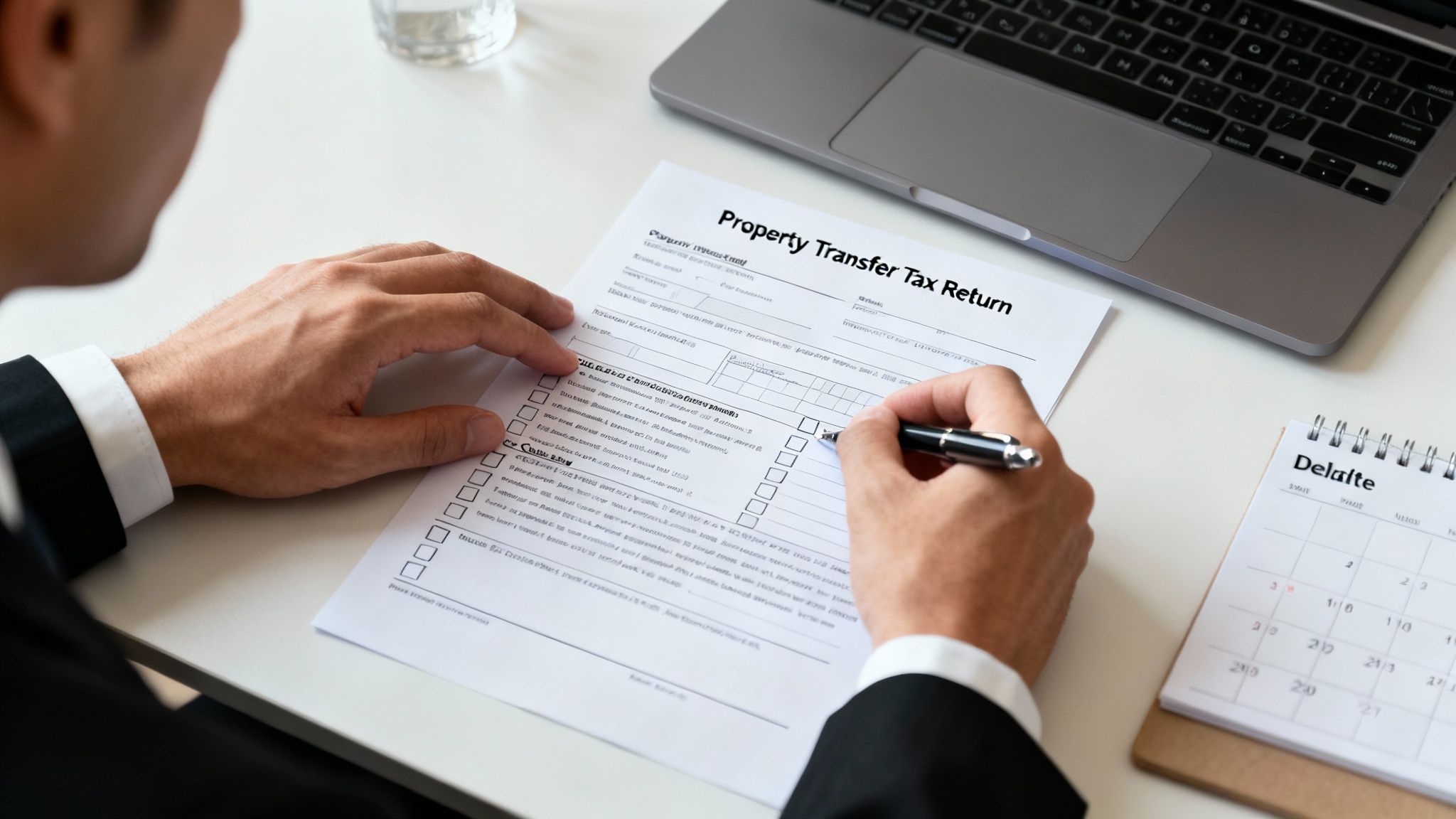 Close-up of a person's hands filling out a Property Transfer Tax Return form with a pen.