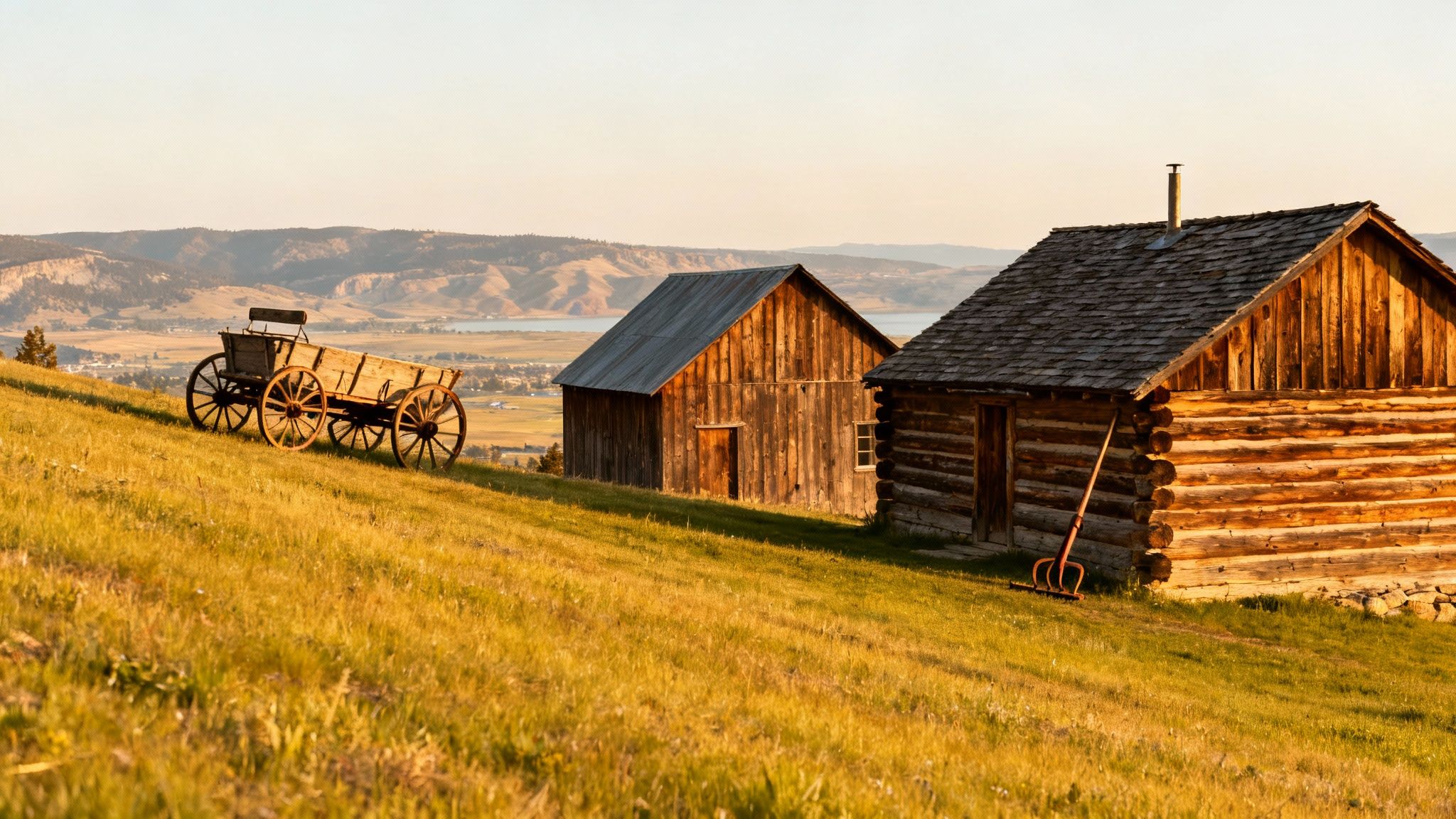 Historic wooden farm buildings and antique wagon on hillside overlooking valley in rural British Columbia