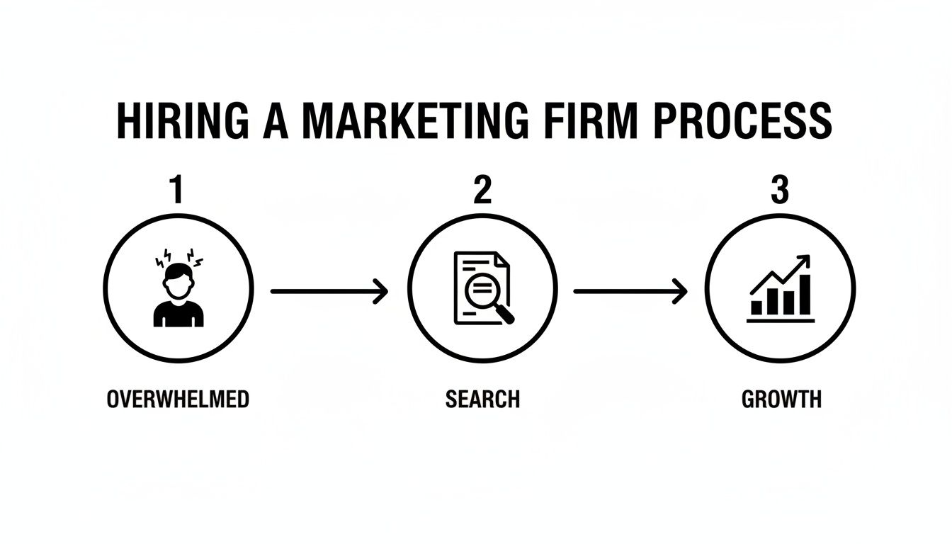 Steps to hiring a marketing firm: from feeling overwhelmed to searching and achieving growth.