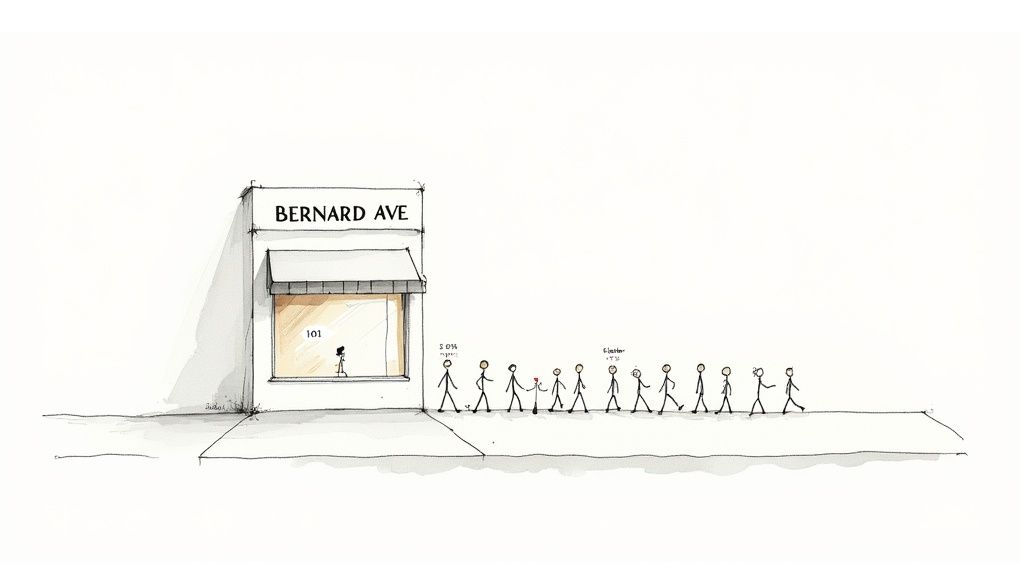 Hand-drawn illustration of a store, Bernard Ave, with a line of stick figures showing 5% clicks and 4 better CTR.