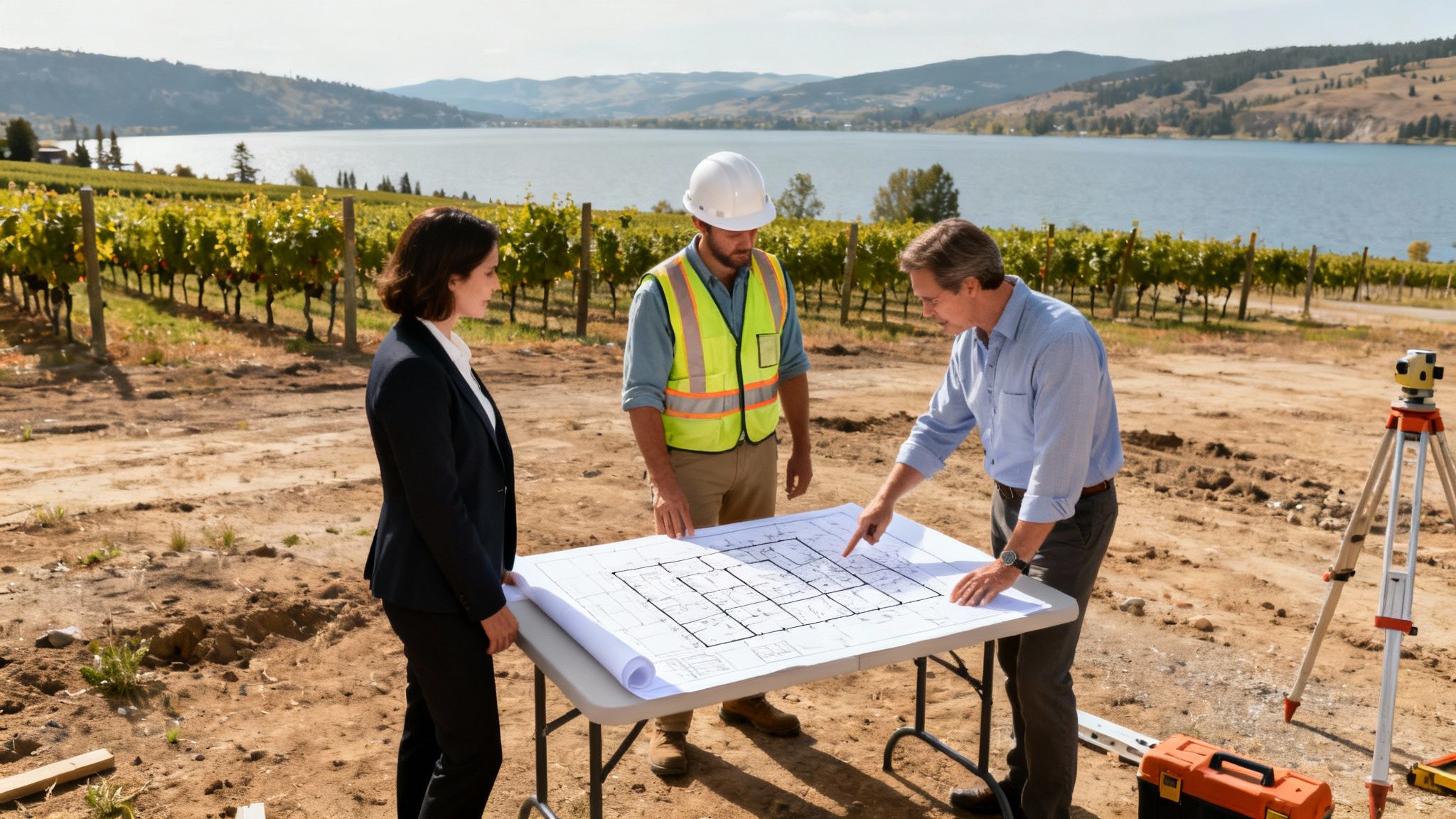 Team of professionals reviewing building plans on a scenic outdoor construction site.