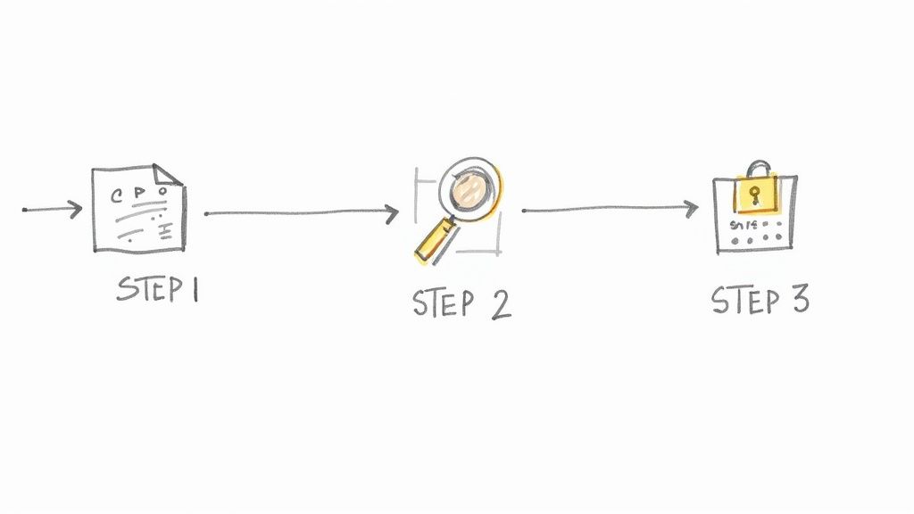 A hand points to a browser address bar with a secure padlock icon, illustrating the process of getting an SSL certificate.