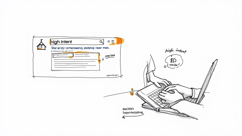 A person typing a search query into a laptop in a bright office setting.