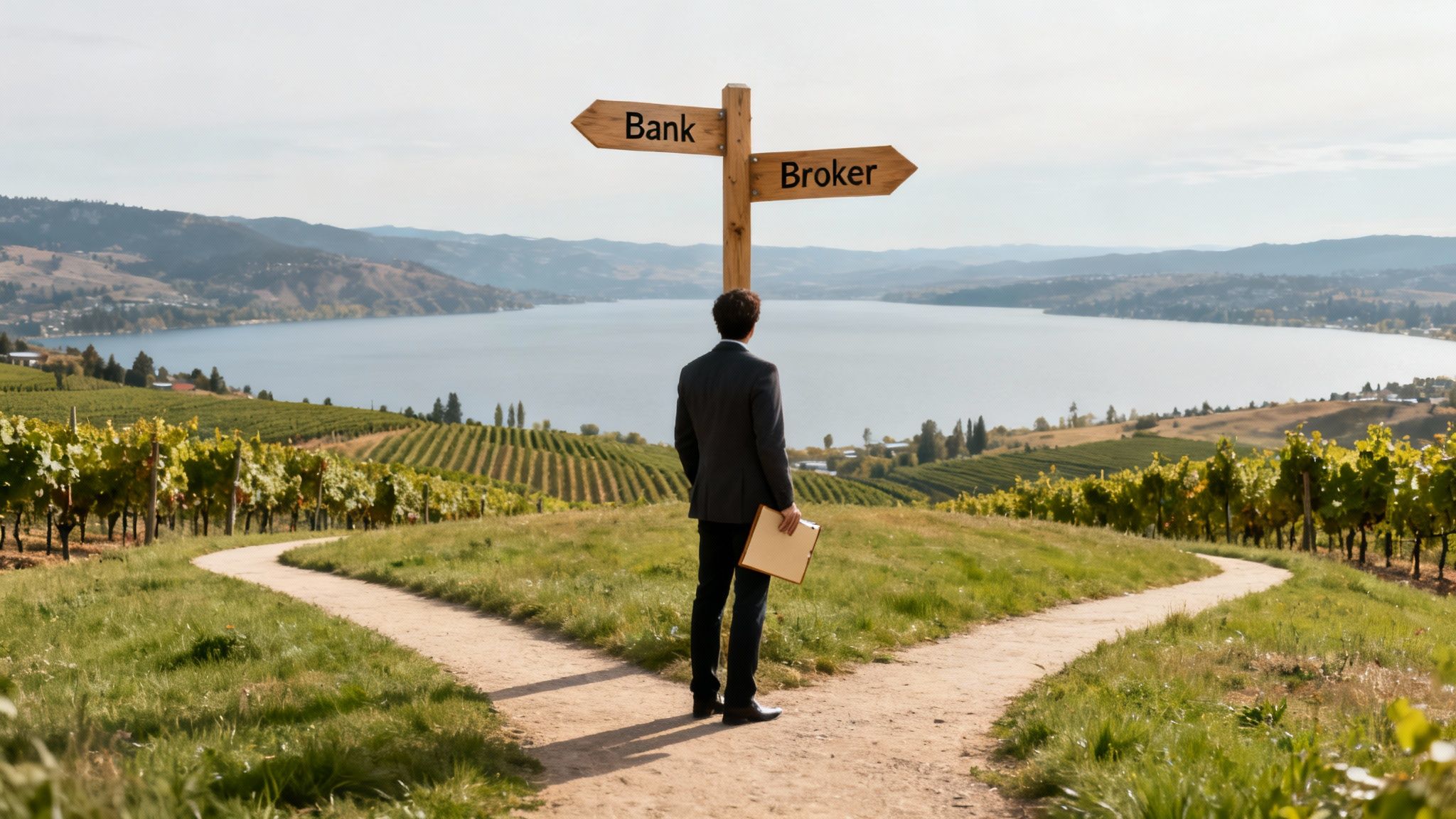 A man in a suit stands at a crossroads signpost, choosing between 'Bank' and 'Broker', amidst a beautiful vineyard and lake landscape.