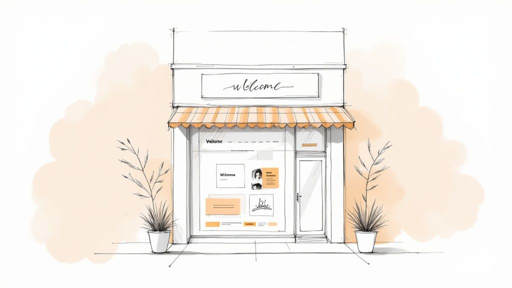 A hand-drawn sketch of a storefront with a striped awning, showcasing a user interface design on display.