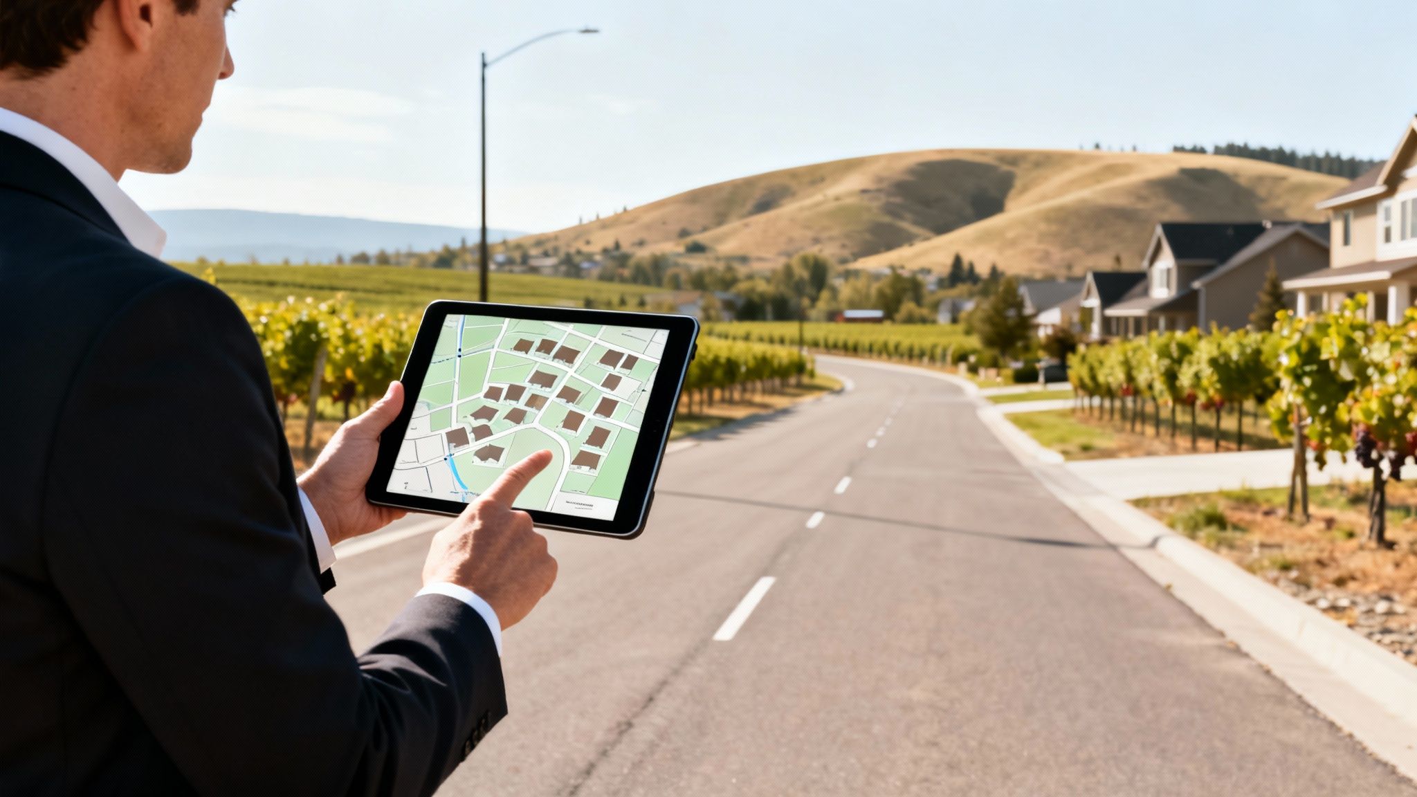 A man in a suit uses a tablet with a map showing houses in a vineyard setting.