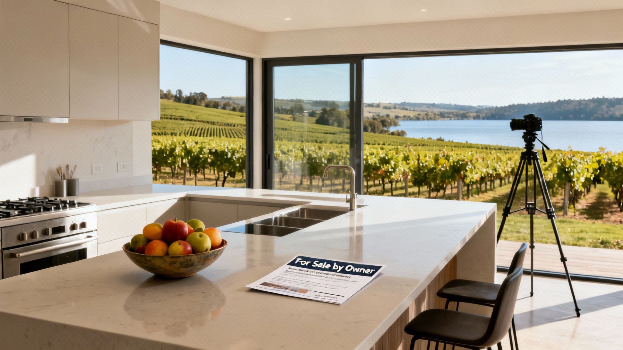 Modern kitchen with island, 'For Sale by Owner' flyer, and camera tripod overlooking vineyards and a lake.