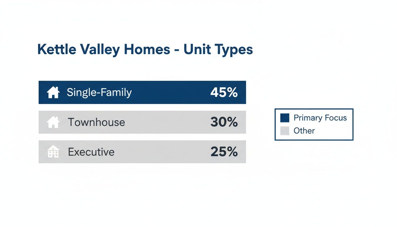 A chart displaying Kettle Valley Home unit types: Single-Family at 45%, Townhouse 30%, and Executive 25%.