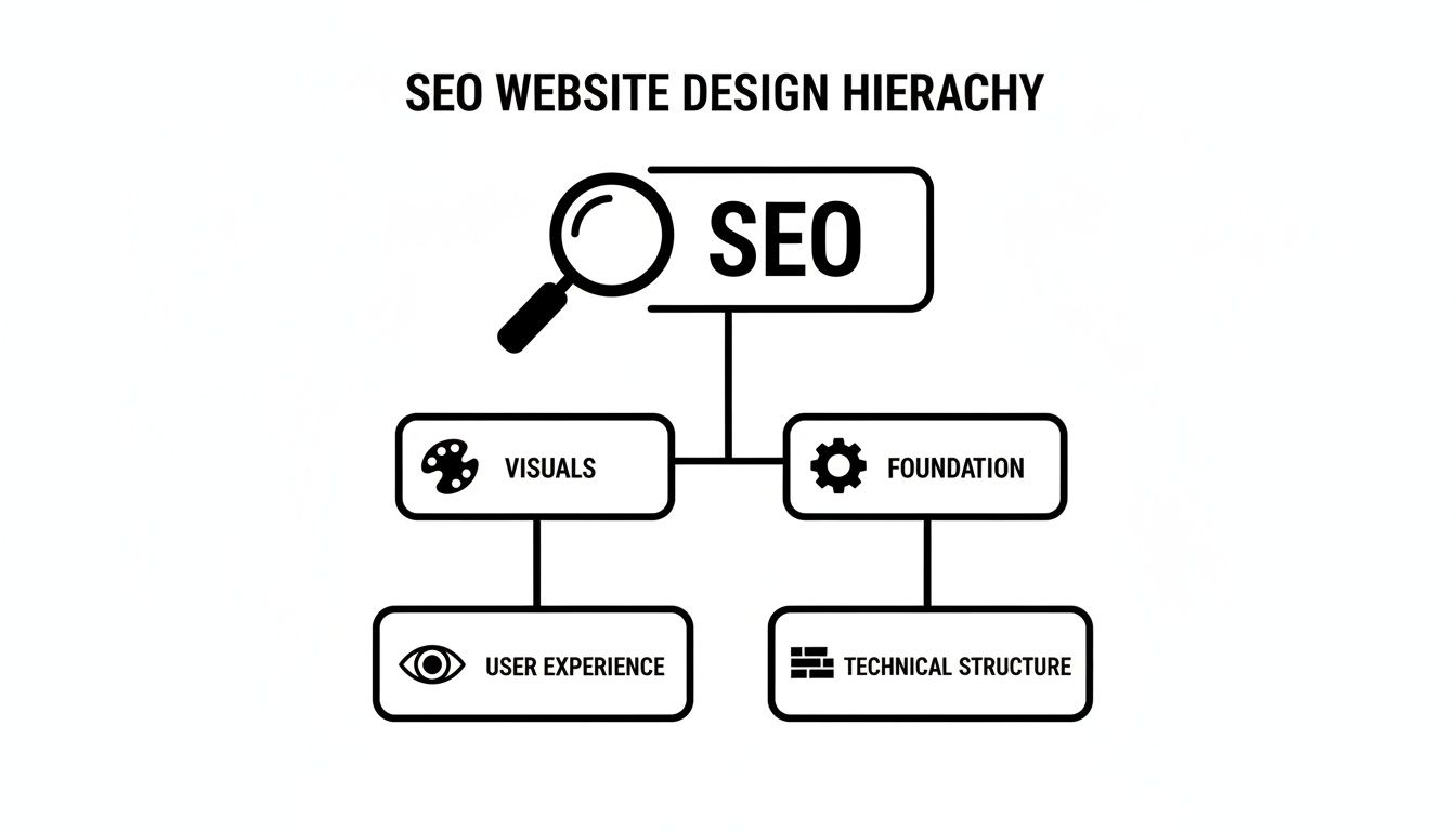 A diagram illustrating the SEO website design hierarchy, showing SEO at the top, branching to visuals and foundation.