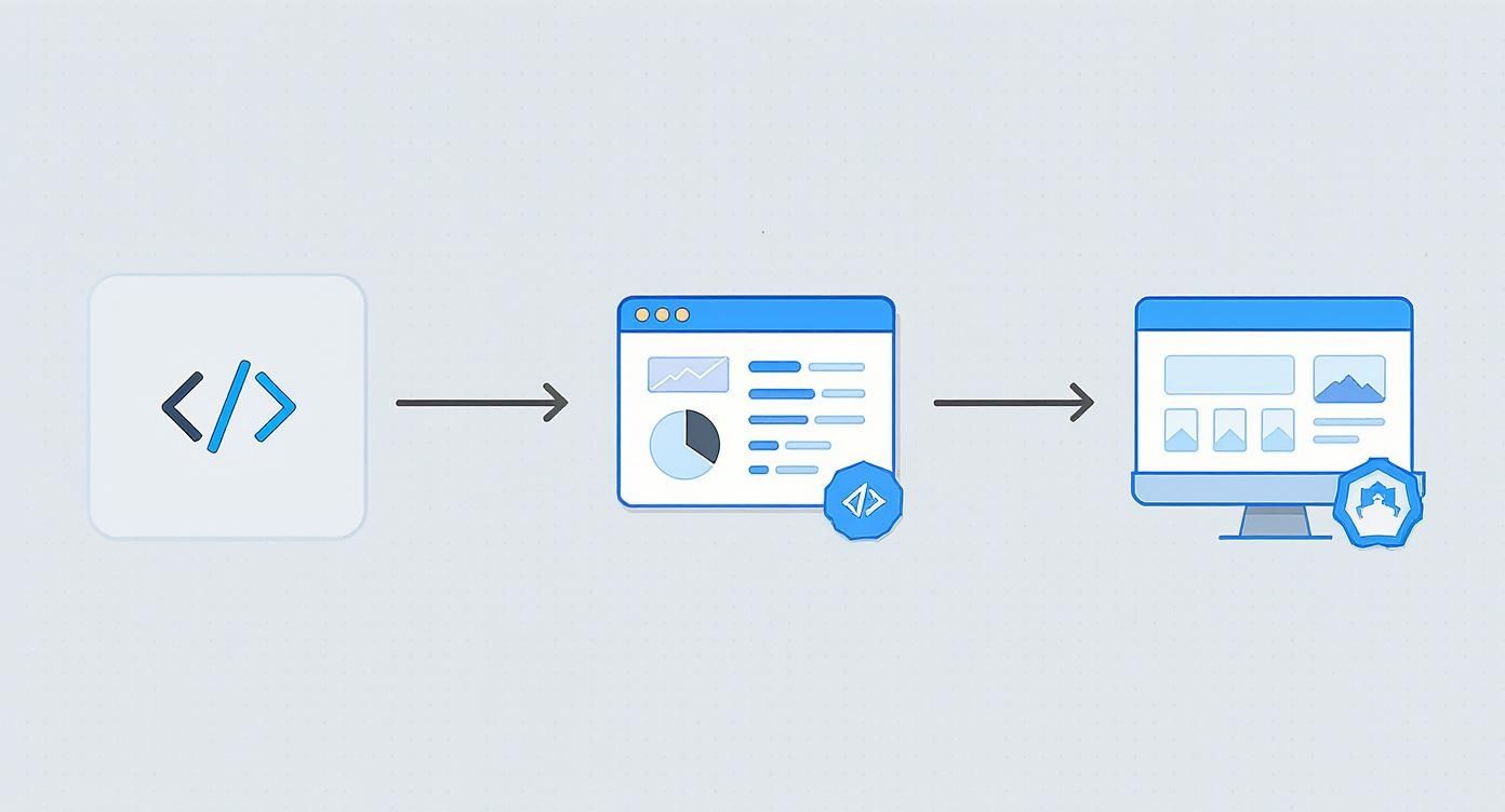 A diagram showing the process from code development to an interactive web application, then published on a desktop monitor.