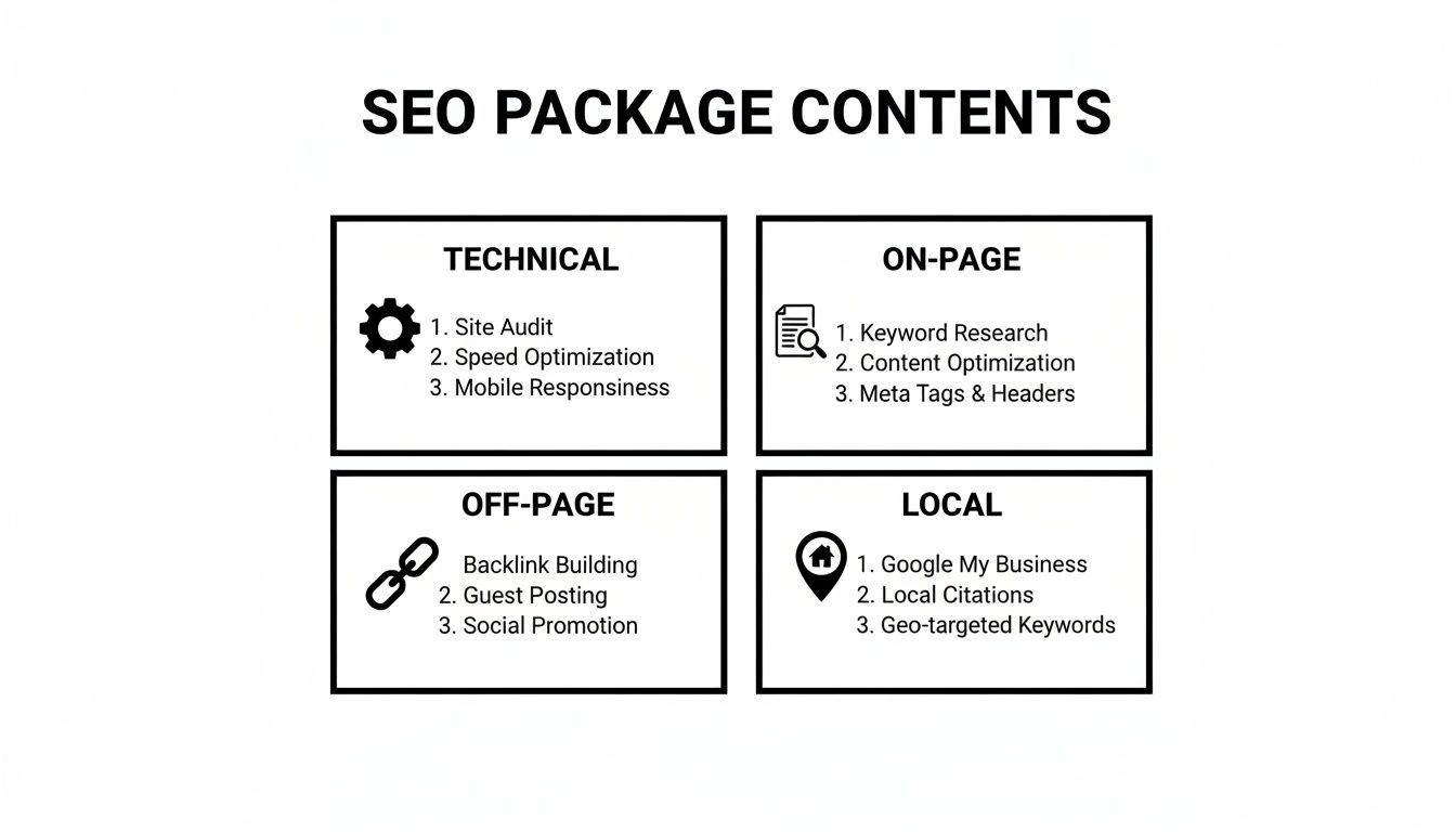 SEO package contents showing technical, on-page, off-page, and local optimization services with specific tasks.