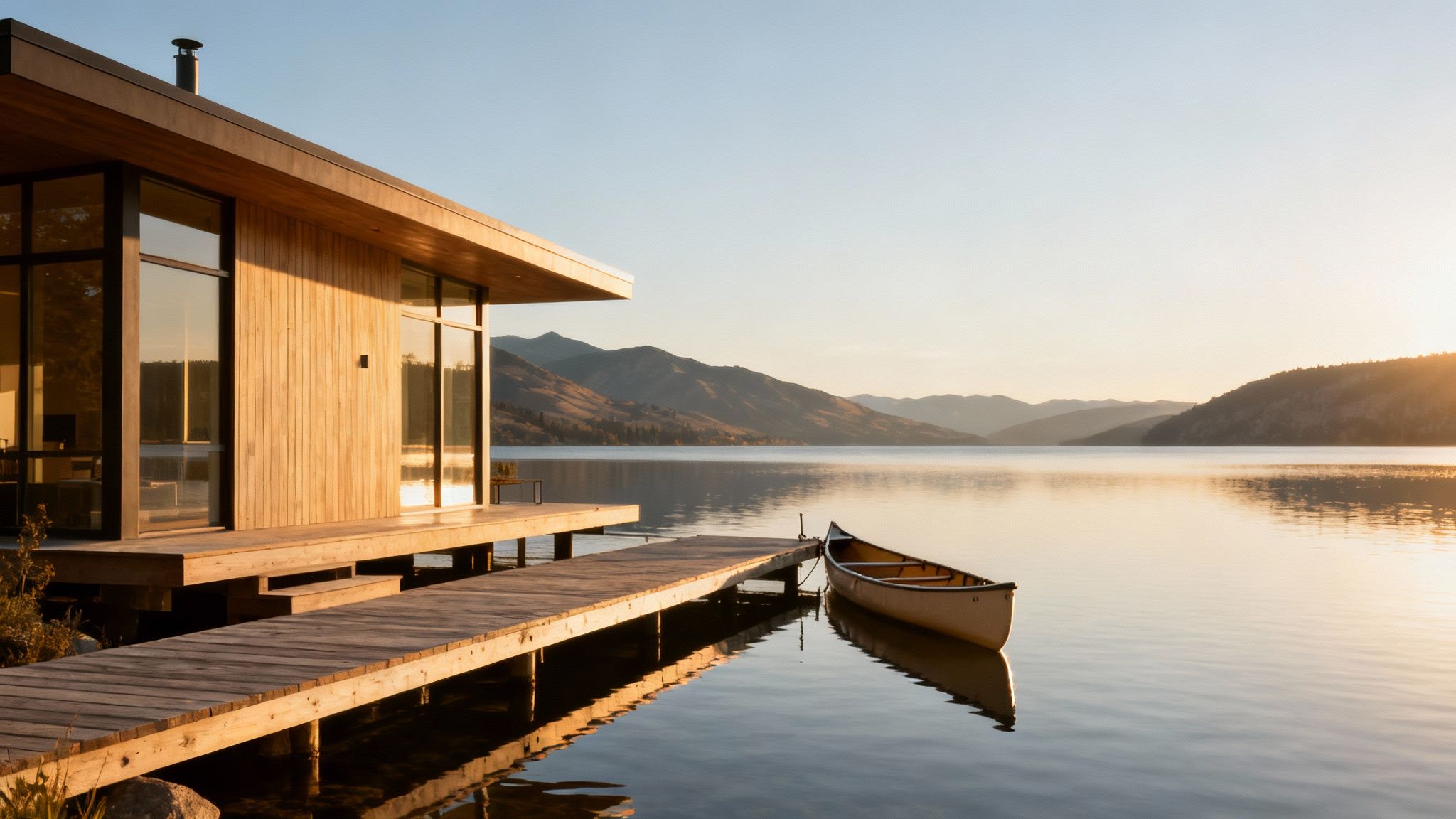 A modern wooden house with large windows on a dock overlooking a tranquil lake with a canoe.
