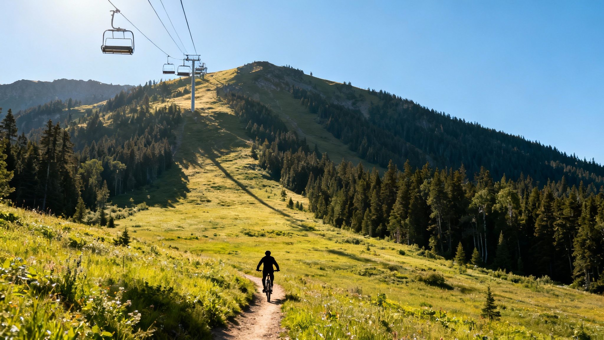 Mountain biker riding trail under chairlift with alpine meadows and forested peaks in Vernon BC
