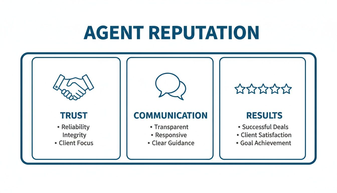 Infographic detailing agent reputation, outlining trust, communication, and results with key factors.
