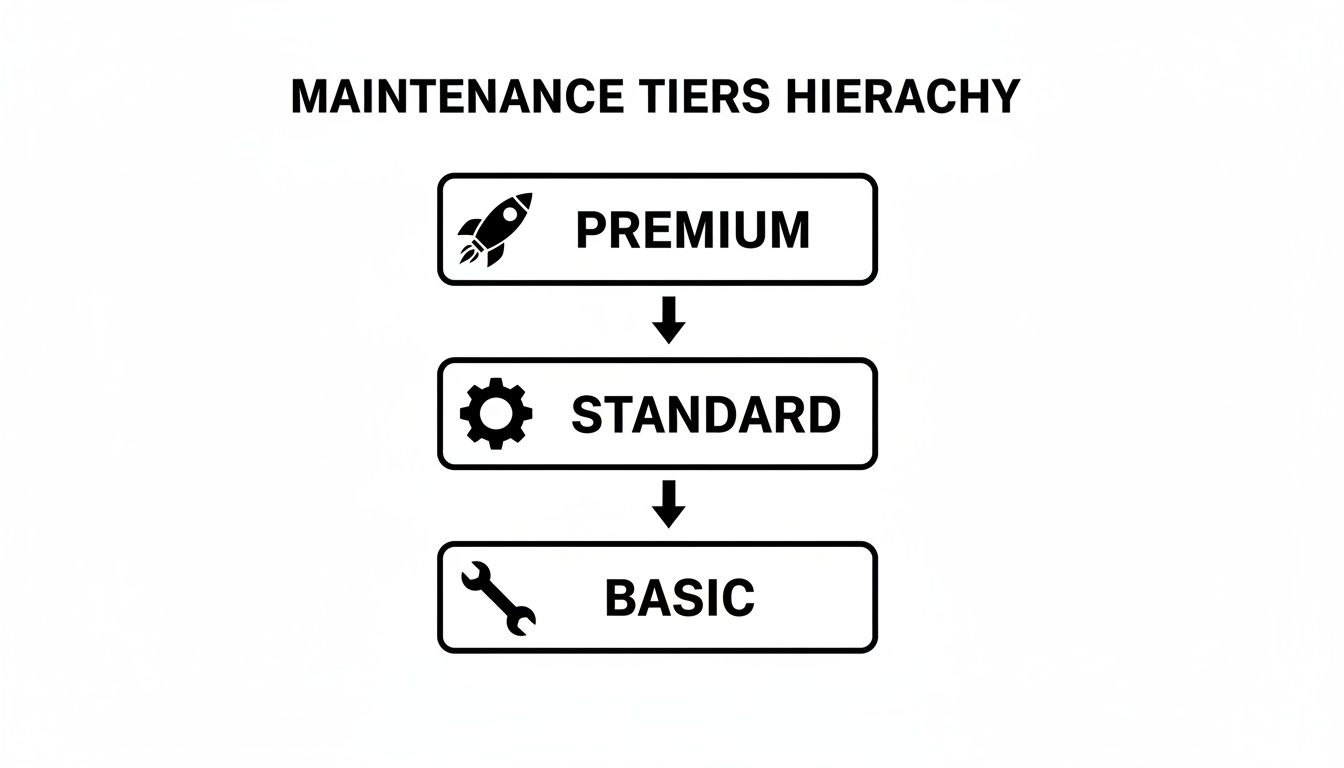A visual hierarchy of maintenance tiers: Premium (rocket), Standard (gear), and Basic (wrench) levels.