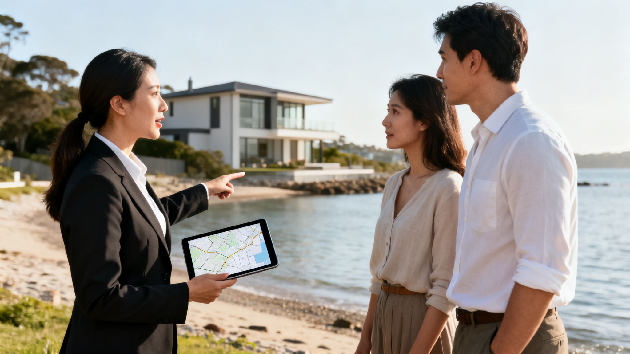 A real estate agent points to a luxurious waterfront property while showing a map on a tablet to a couple.