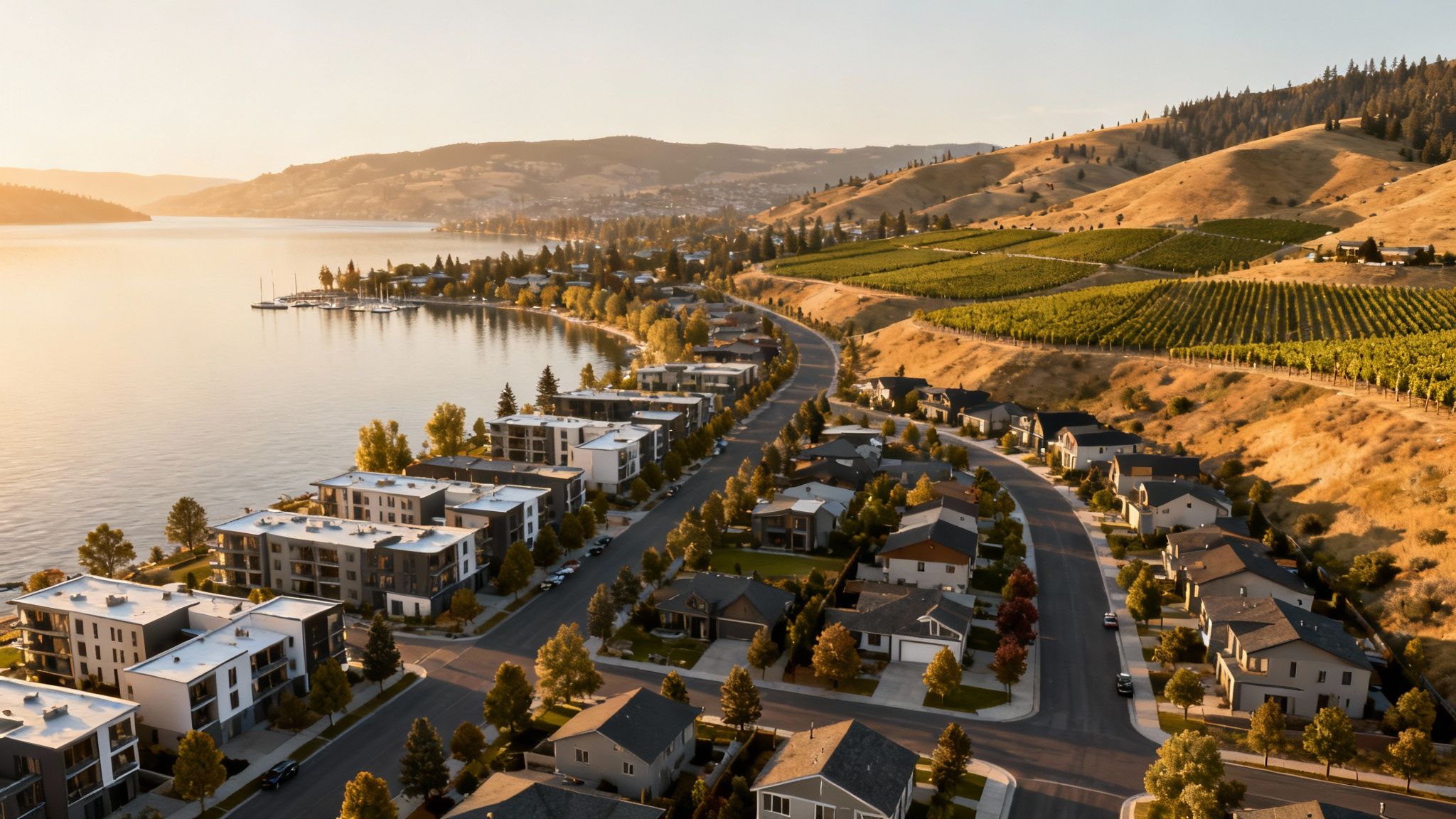 A scenic view of a residential neighbourhood in Kelowna overlooking Okanagan Lake