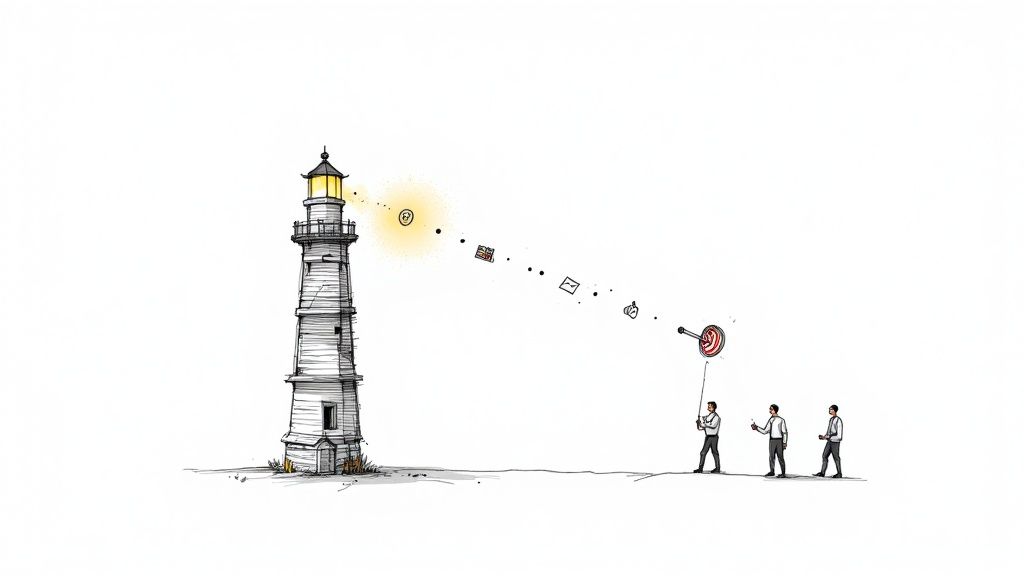 Illustration of a lighthouse guiding digital marketing elements like money, content, and emails to a target held by businessmen.