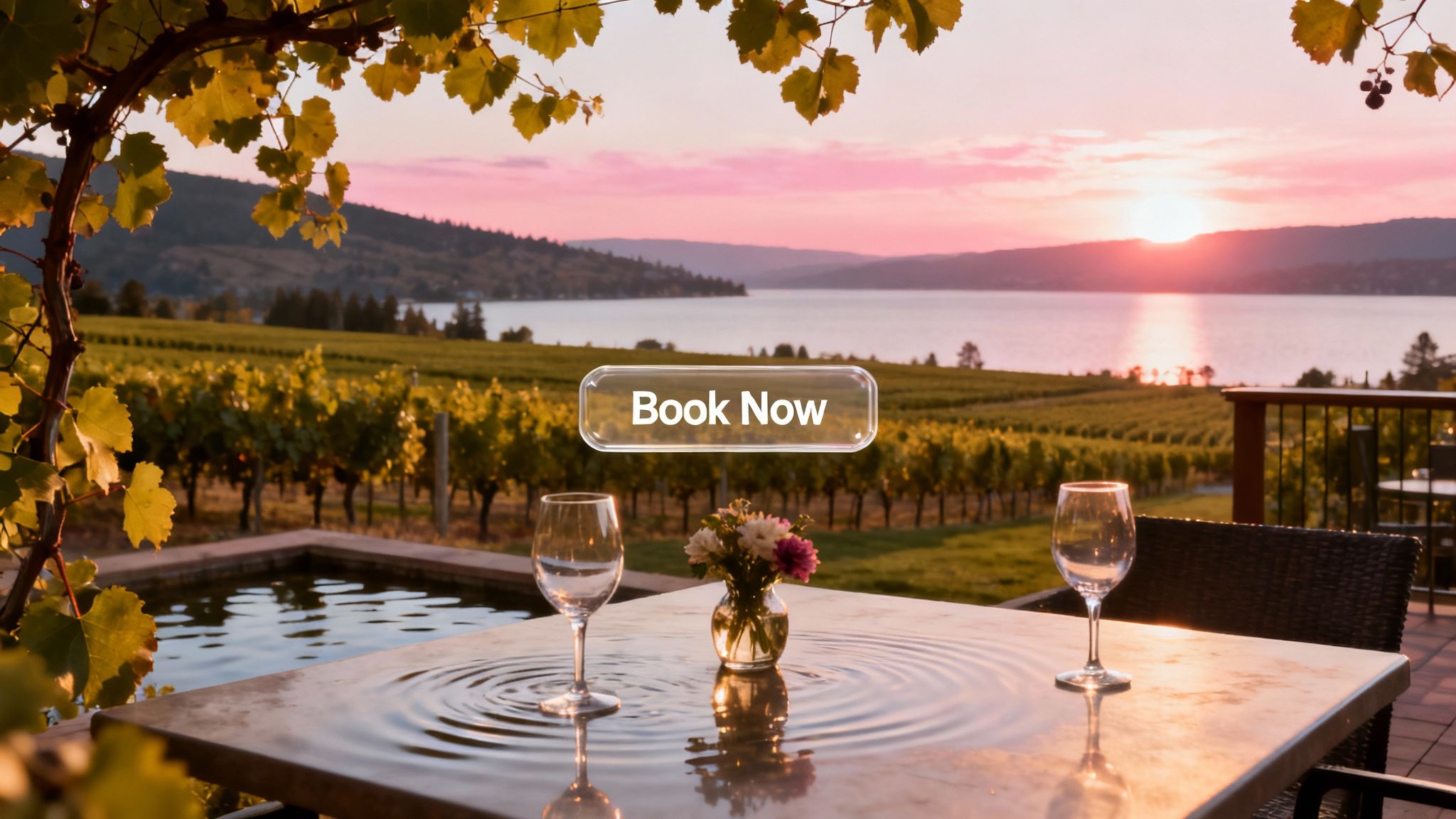 A scenic view of Okanagan Lake with vineyards in the foreground, representing the local business landscape.