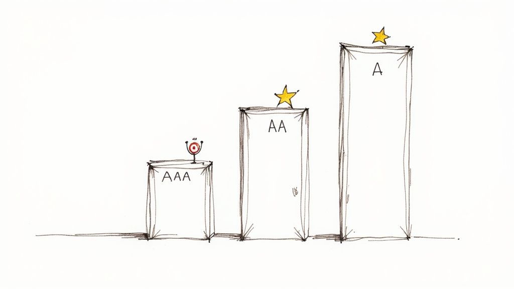 Illustration depicting three pillars representing WCAG accessibility standards: AAA, AA, and A, with achievement symbols.