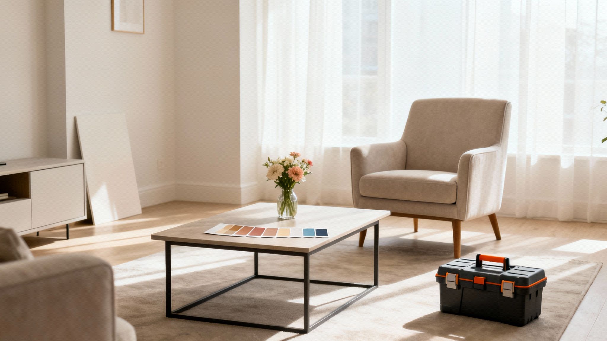 A bright living room with a coffee table, color swatches, flowers, and a toolbox, suggesting home improvement.