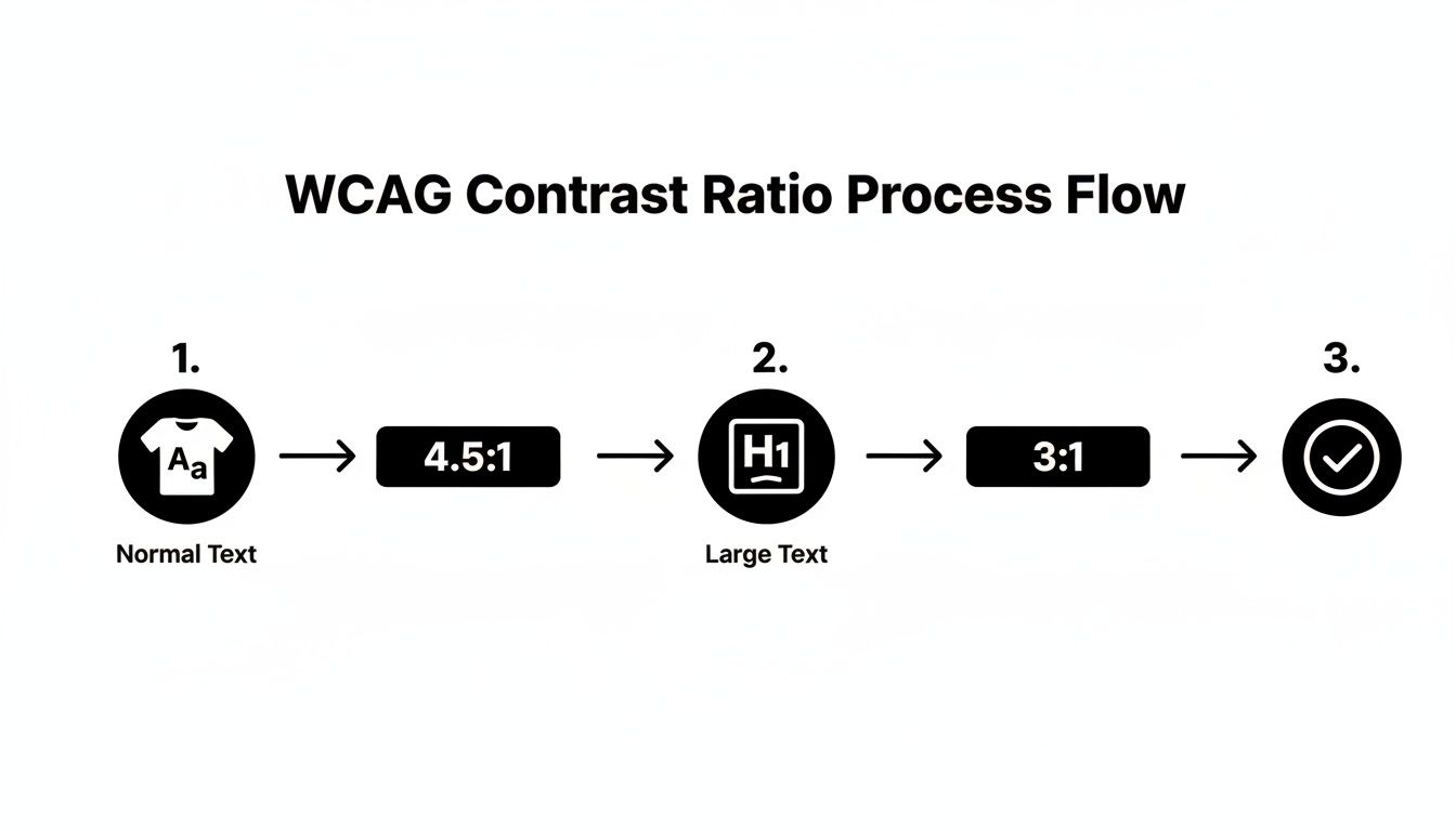 Flowchart demonstrating WCAG contrast ratio requirements for normal and large text sizes.