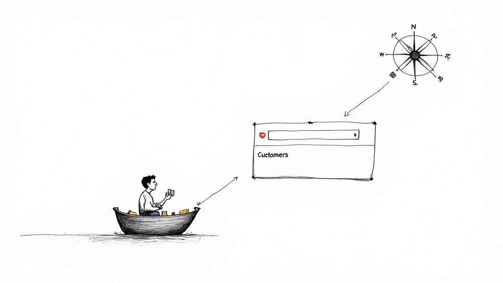 A person in a boat looks at a UI screen with 'Customers' and a search bar, guided by a compass.