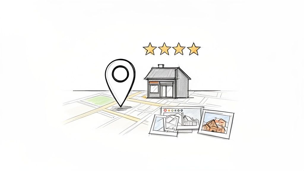 A sketch showing local business SEO elements: a map pin, building, four rating stars, and property photos.