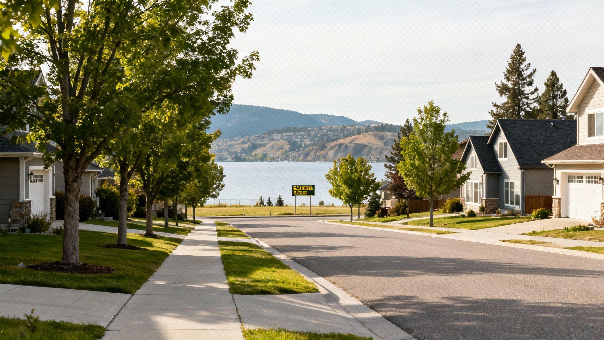 A sunny Kelowna neighbourhood with modern homes, green lawns, and mountains in the background, showcasing the lifestyle.