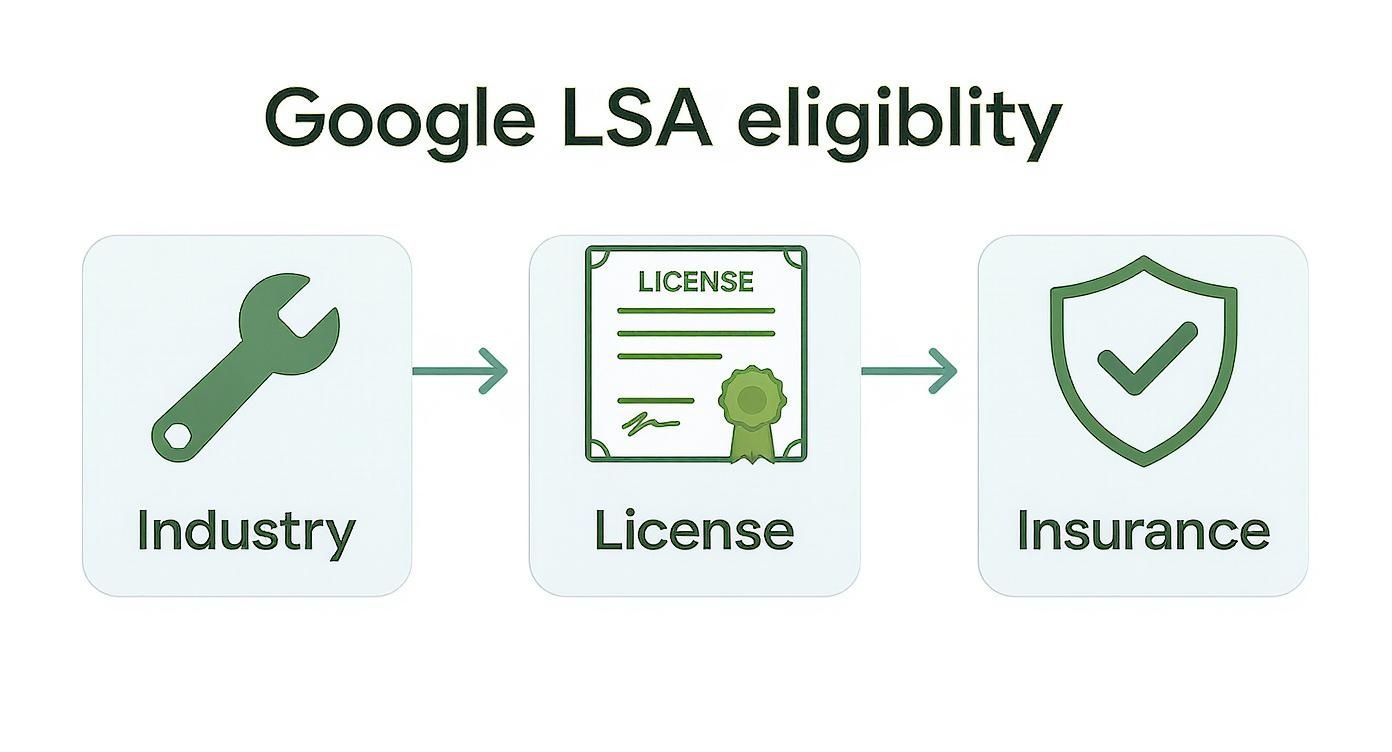 A flowchart illustrating Google Local Services Ads (LSA) eligibility requirements: Industry, License, and Insurance.