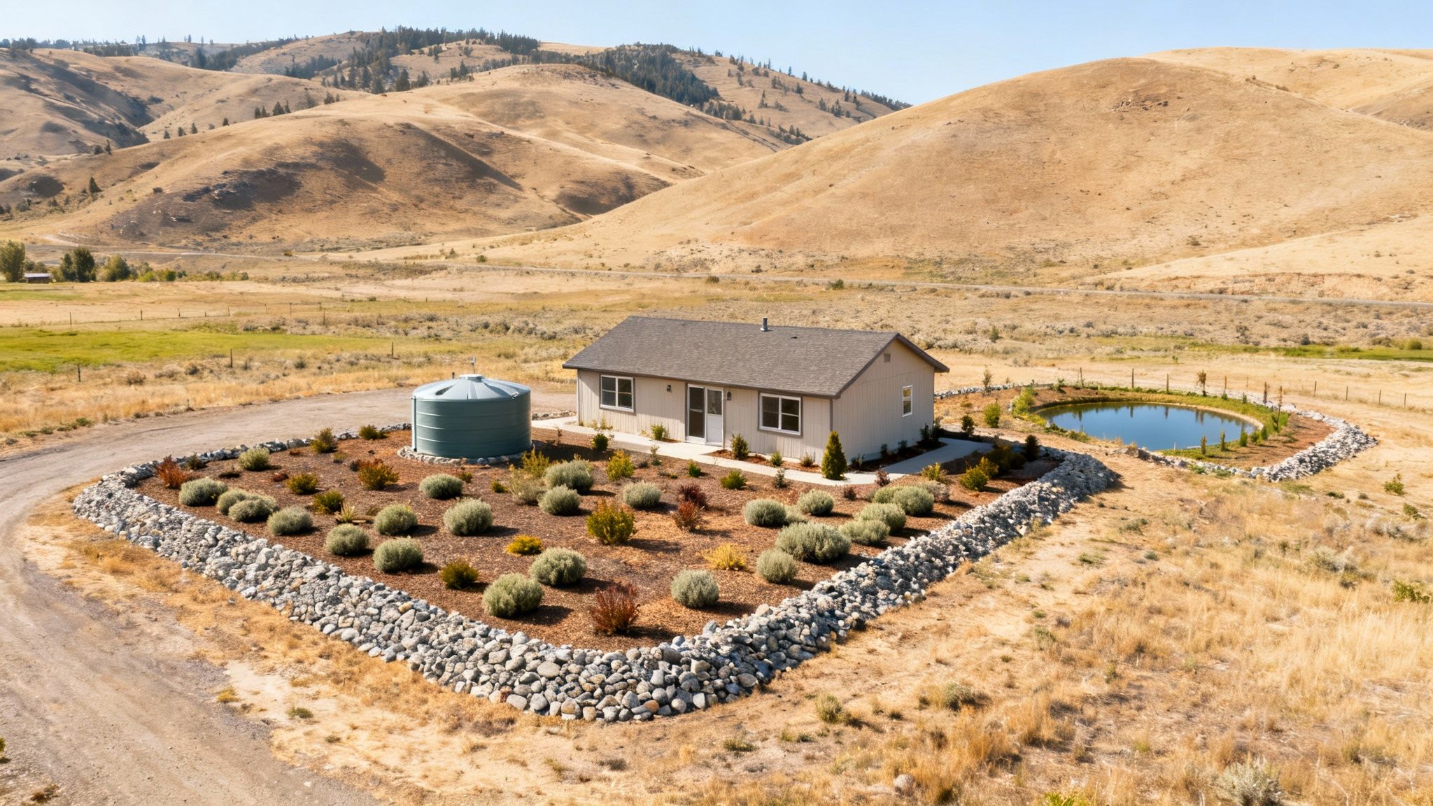 An aerial view of a remote house with a water tank, pond, and landscaped yard against dry hills.