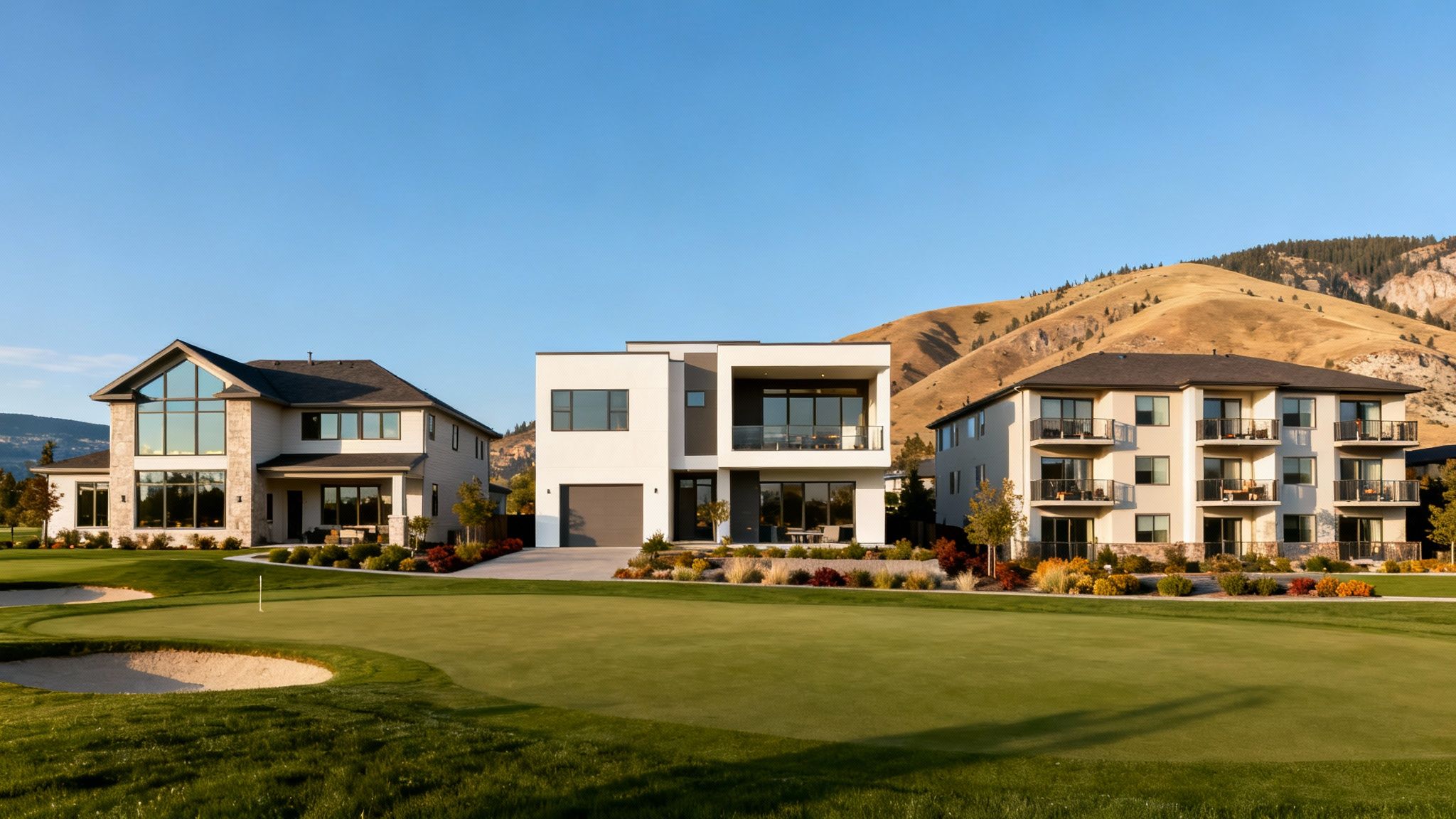 Modern homes and multi-unit dwelling on a golf course with scenic mountain backdrop.