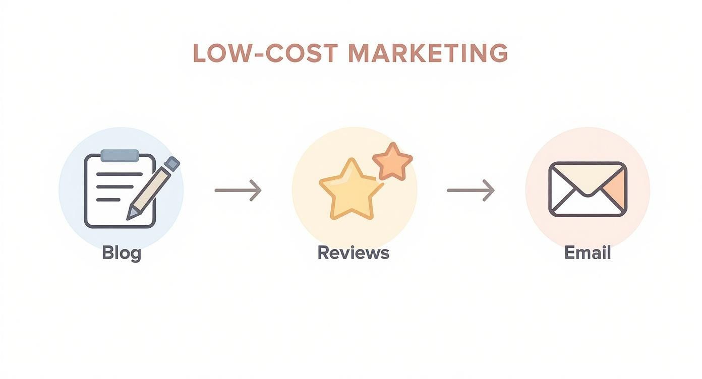 Infographic showing a process flow for low-cost digital marketing for small businesses, starting with a blog, leading to reviews, and then to email.