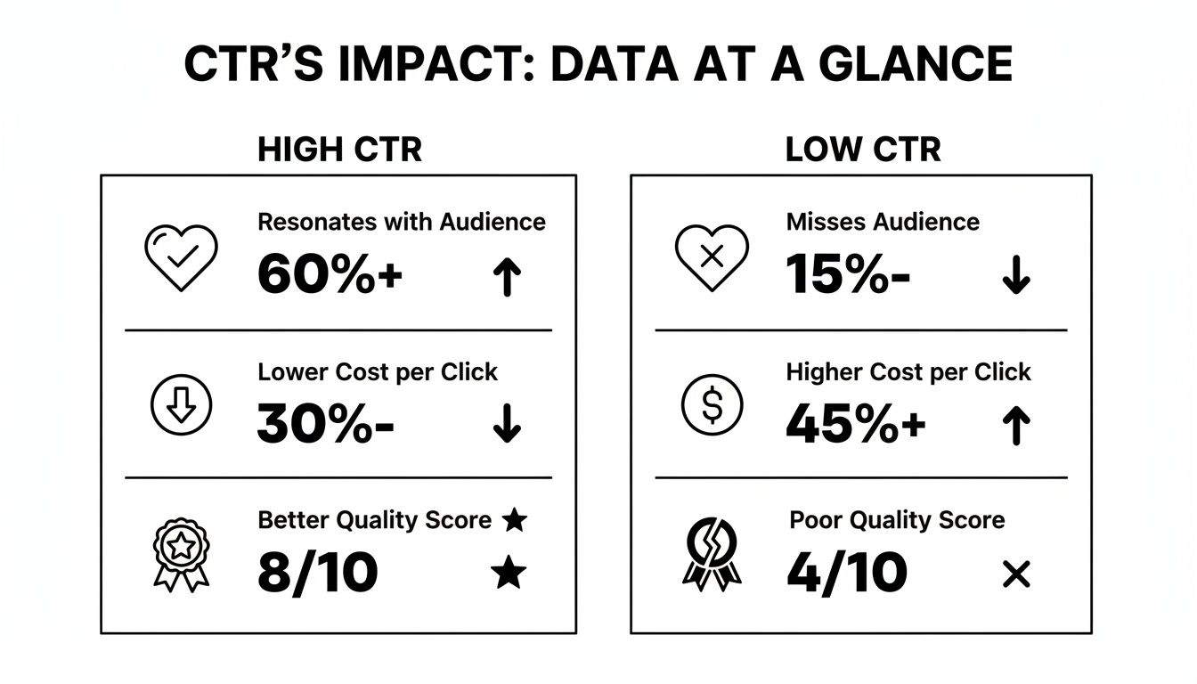 Infographic comparing the impact of high versus low click-through rates on audience, cost, and quality.