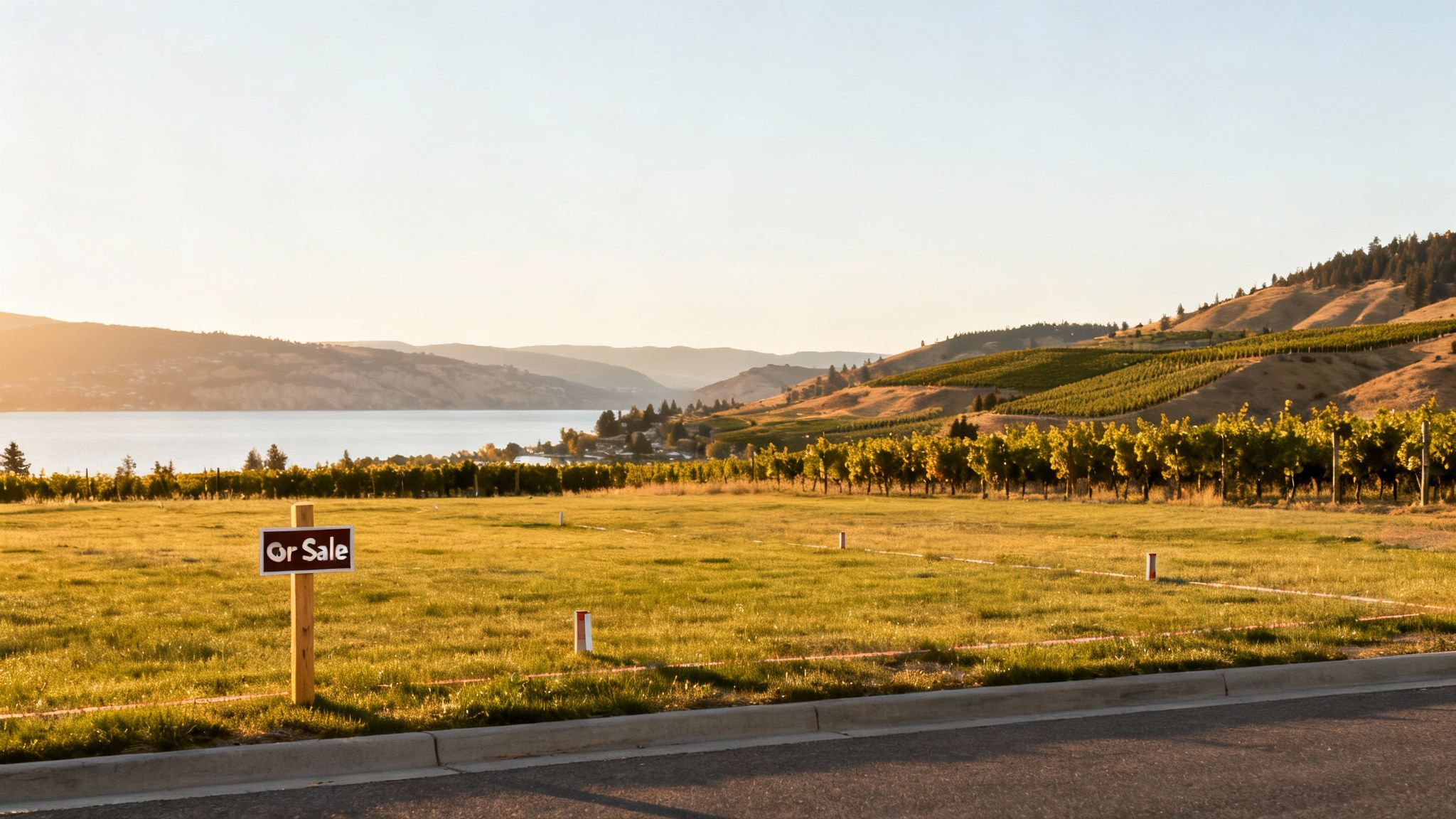 A picturesque view of Okanagan Lake with vineyards and mountains, representing the beautiful land available in Kelowna.