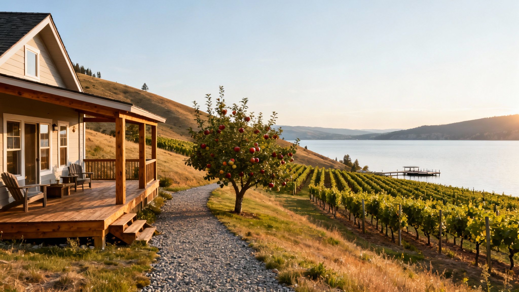 A picturesque house with a porch overlooking a vineyard, an apple tree, lake, and mountains at sunset.