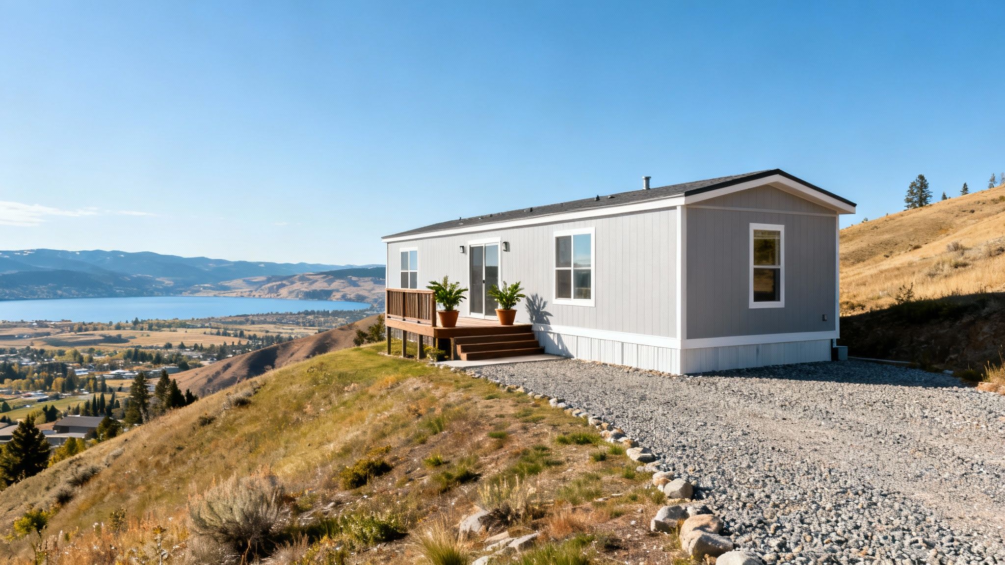 Modern mobile home on a scenic hillside overlooking a lake and valley under a clear sky.