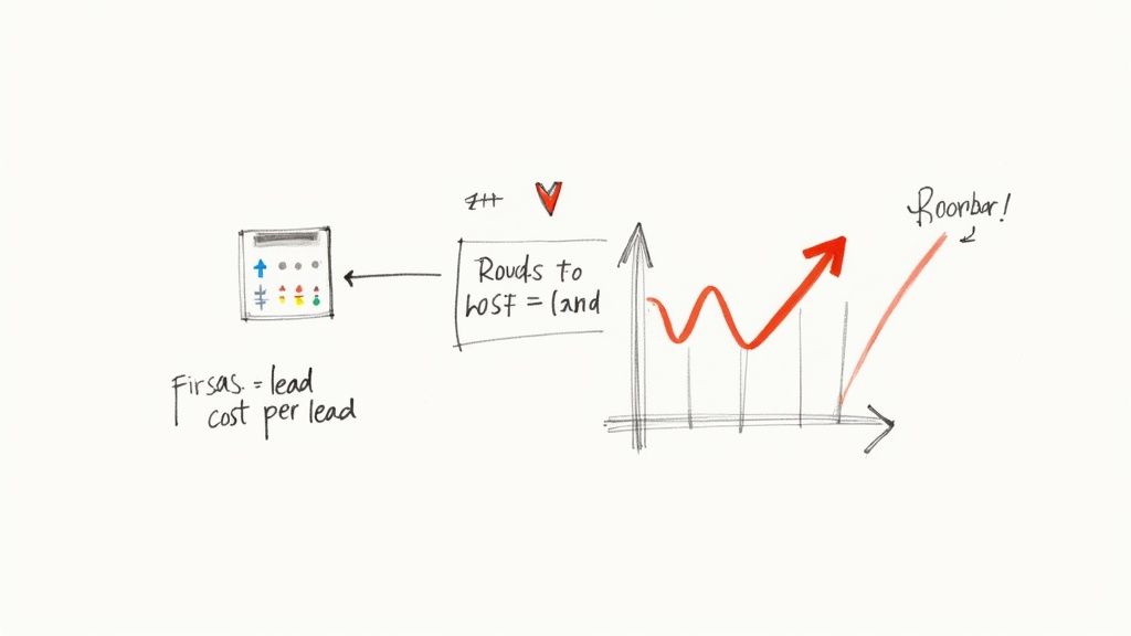 Hand-drawn diagram explaining lead cost per lead, lost leads, and a positive growth trend on a graph.